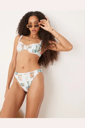 Abercrombie & Fitch – Bikinihose mit mittelhohem Bund und Postkarten-Muster, Kombiteil