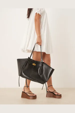 Gina Tricot – Mittelgroße Tragetasche aus Kunstleder in Kroko- mit Trageriemen und Clutch-Detail