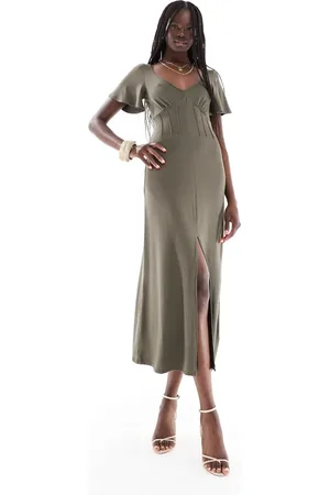 ASOS – Midifreizeitkeid in Khaki mit Korsettdetail