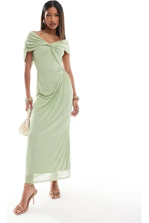 ASOS – Schulterfreies Midikleid aus Netzstoff in Salbeigrün mit Zierknoten am Dekolleté