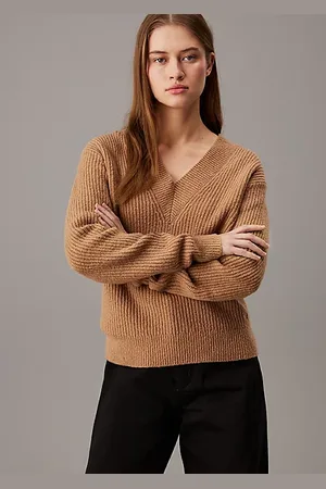 Calvin Klein Gerippter Bouclé-Pullover mit V-Ausschnitt