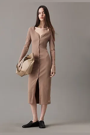 Calvin Klein Schmales Maxikleid mit Rippen und Knöpfen