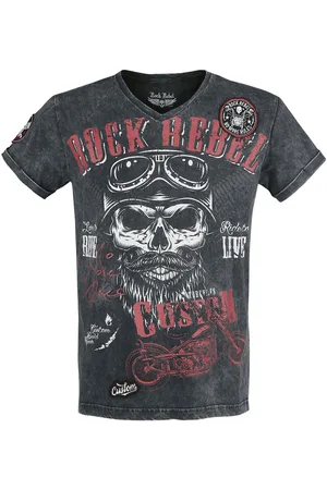 Rock Rebel Schwarzes T-Shirt mit V-Ausschnitt und Print T-Shirt