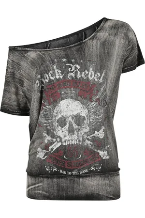 Rock Rebel Dunkelgraues T-Shirt mit weitem Ausschnitt und Print Girl-Shirt
