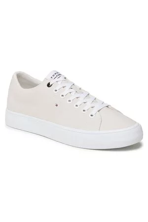 Tommy Hilfiger Herren Flache Sneakers - Sneakers aus Stoff - Th Hi Vulc Core Low Canvas FM0FM04686 Weathered White AC0