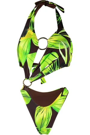 Louisa Ballou Neckholder-Badeanzug mit Blatt-Print