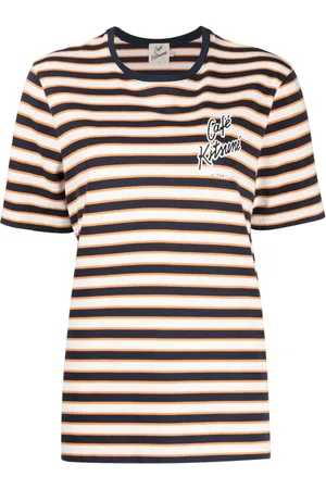 Café Kitsuné Gestreiftes T-Shirt mit Logo-Print