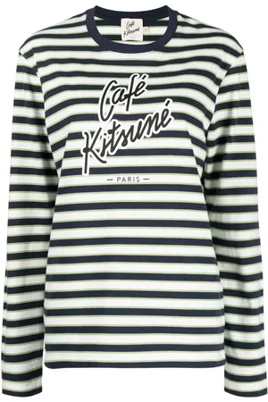 Café Kitsuné Gestreiftes T-Shirt mit Logo-Print