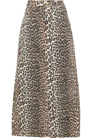 Ganni Hoch sitzender Jeans-Midirock mit Leo-Print