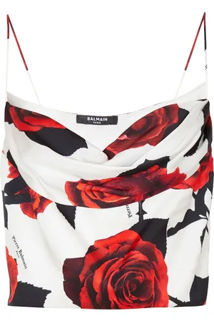 Balmain Drapiertes Satin-Top mit Rosen-Print