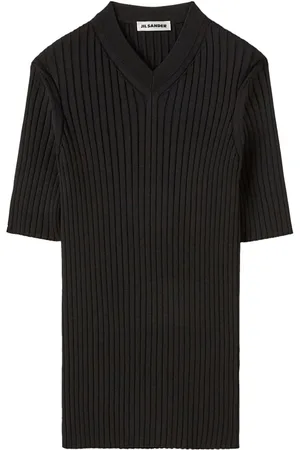 Jil Sander Geripptes T-Shirt mit V-Ausschnitt