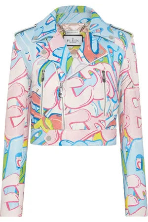 Philipp Plein Cropped-Bikerjacke aus Leder mit Graffiti-Logo