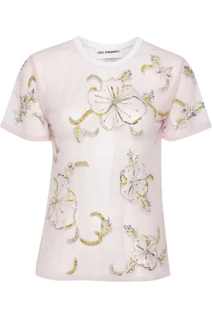 Des Phemmes Transparent T-Shirt mit Hibiskus-Stickerei