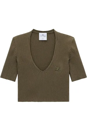 Courrèges Geripptes Stricktop mit V-Ausschnitt