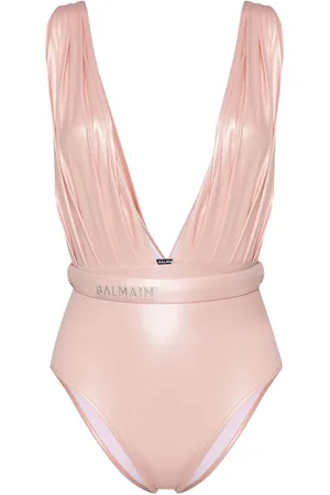 Balmain Drapierter Badeanzug mit Logo-Stickerei