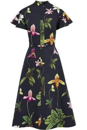 Oscar de la Renta Kurzärmeliges Orchid Popeline-Kleid
