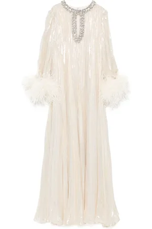Self-Portrait Maxikleid mit Federn im Metallic-Look