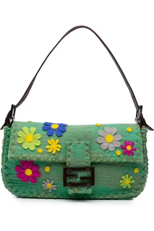 Fendi 2000-2024 Baguette Schultertasche aus Filz mit Blumenapplikation