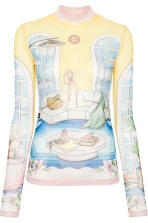 Casablanca Mesh-Oberteil mit Illustrationen-Print