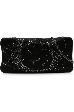 CHANEL 2009-2010 Diamante Camellia Clutch aus Satin mit Kette