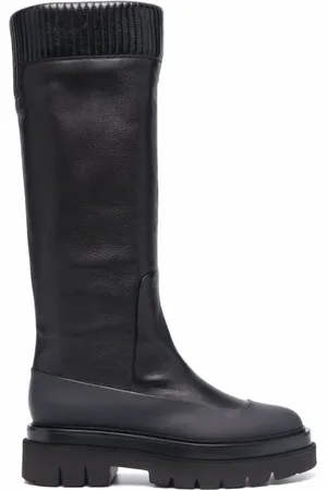 santoni Stiefel - Black Ribbed Leather Knee-High Boots - Gr. 37 (EU) - in - für Damen