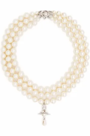 Vivienne Westwood Halsketten - Three Row Pearl Drop Choker Platinum/pearl/multi - Gr. unisize - in Silber - für Damen