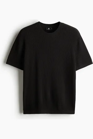 H&M T-Shirt in Rippstrick Regular Fit - Schwarz