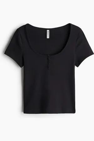 H&M T-Shirt mit kurzer Knopfleiste und U-Ausschnitt - Schwarz