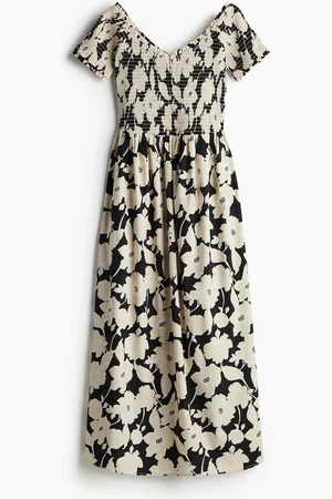 H&M Gesmoktes Off-Shoulder-Kleid - Beige