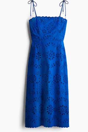 H&M Kleid mit Broderie Anglaise und Bindeträgern - Blau