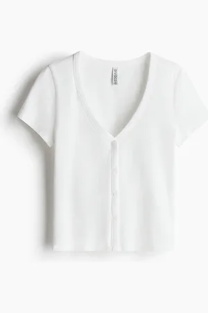 H&M Geripptes T-Shirt mit Knopfleiste - Weiß