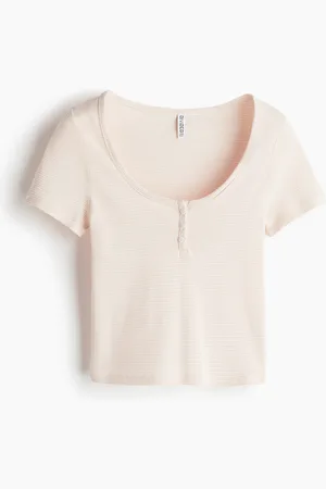 H&M T-Shirt mit kurzer Knopfleiste und U-Ausschnitt - Pink
