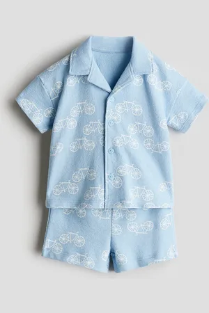 H&M Zweiteiler aus Frottee mit Freizeithemd und Shorts - Blau