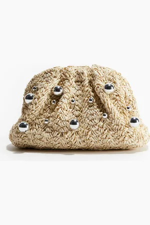 H&M Perlenverzierte Clutch aus Stroh - Beige