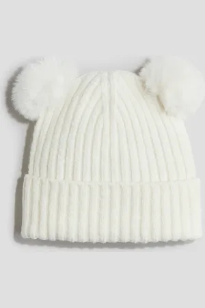 H&M Gerippte Beanie mit Pompons - Weiß
