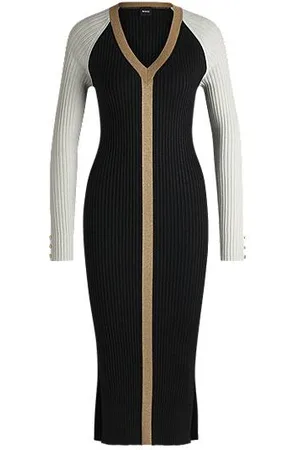HUGO BOSS Strickkleid aus metallisiertem Gewebe mit V-Ausschnitt