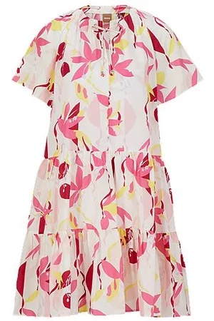HUGO BOSS Damen Freizeitkleider - Kleid aus Seide mit Blumen-Print und Tunnelzug am Ausschnitt