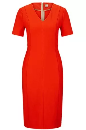 HUGO BOSS Damen Midikleider - Business-Kleid mit V-Ausschnitt und kurzen Ärmeln