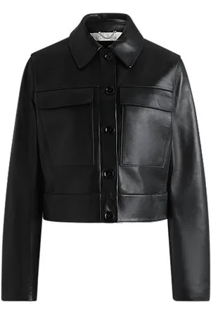 HUGO BOSS Lederjacke mit kontrastfarbenen Ärmelbündchen und Knopfverschluss