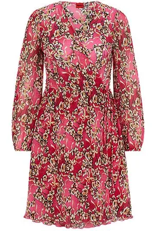 HUGO BOSS Plissee-Wickelkleid mit Blumen-Print und elastischen Ärmelbündchen