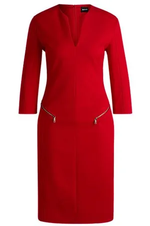 HUGO BOSS Kleid mit V-Ausschnitt, Reißverschlusstaschen und 3/4-Ärmeln