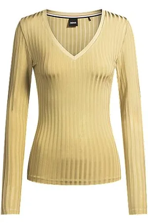 HUGO BOSS Longsleeve aus schimmerndem Ripp-Jersey mit V-Ausschnitt