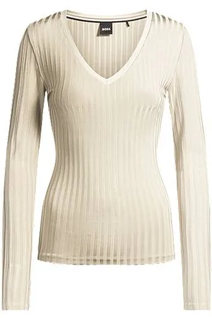 HUGO BOSS Longsleeve aus schimmerndem Ripp-Jersey mit V-Ausschnitt