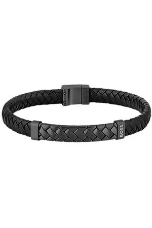 HUGO BOSS Schwarzes Armband aus geflochtenem Leder mit Fischgrätmuster auf dem Metall-Detail