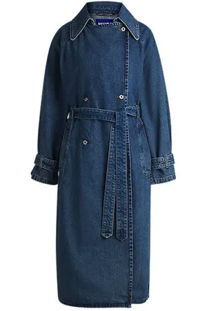 HUGO BOSS Zweireihiger Trenchcoat aus dunkelblauem Denim