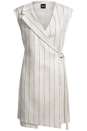 HUGO BOSS Kleid in Wickeloptik aus Leinen-Mix mit Nadelstreifen