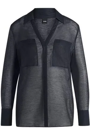 HUGO BOSS Bluse aus Ramie mit V-Ausschnitt und Kragen