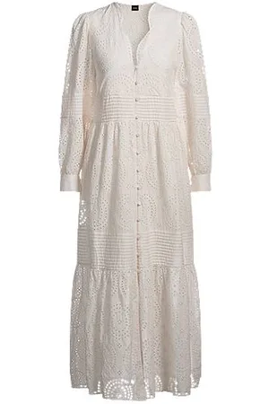 HUGO BOSS Kleid aus Baumwolle mit Lochstickerei und Plissee-Details