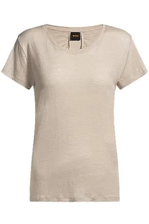 HUGO BOSS T-Shirt aus Leinen mit U-Ausschnitt und Raffung am Rücken