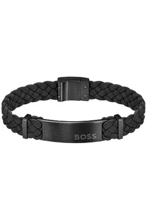 HUGO BOSS Flecht-Armband aus schwarzem Veloursleder mit Logo-Applikation